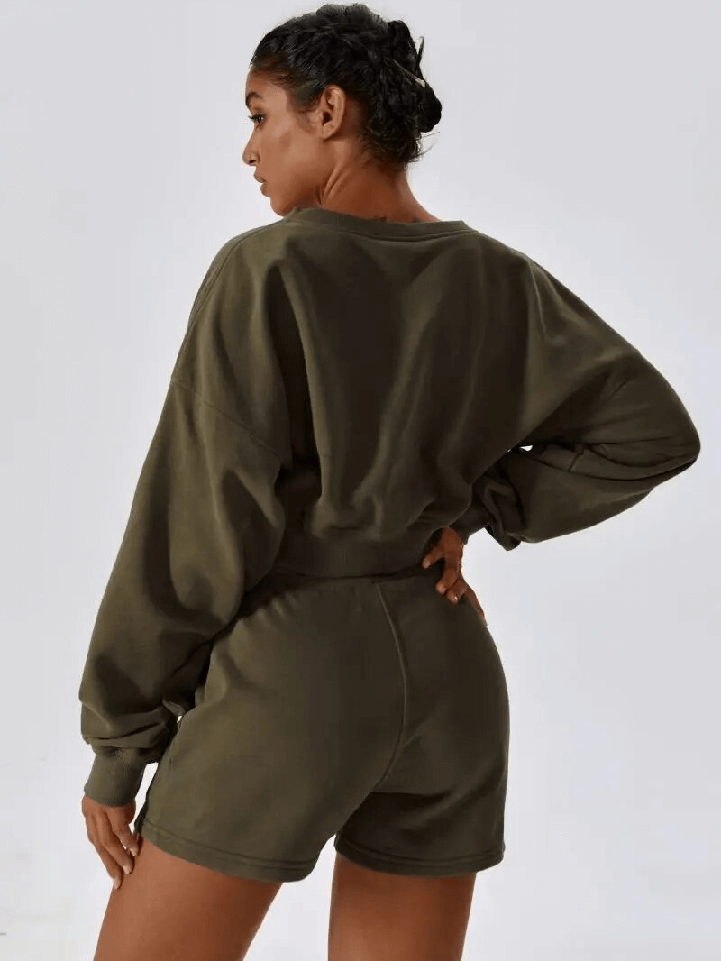 Woman wearing Outfit Fitness Cotton Loose Sweatshirt and Shorts, SF1682, in olive green. Ideal for yoga and comfort.