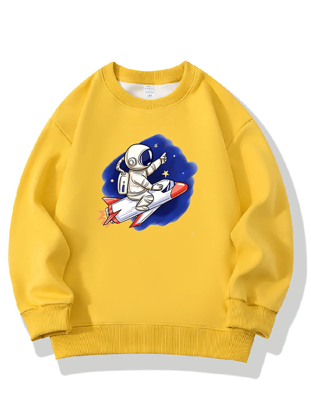 Kids yellow astronaut rocket sweatshirt with space theme graphic, perfect for playful space adventures. SF3106.