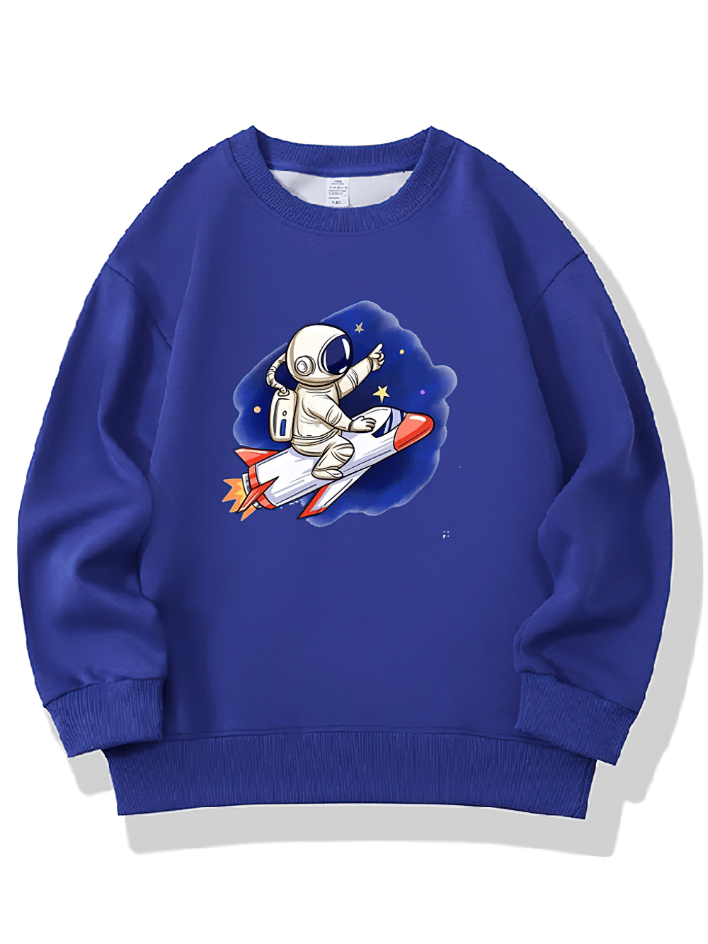 Blue kids sweatshirt with astronaut on rocket ride graphic surrounded by stars, perfect for space-loving adventurers.