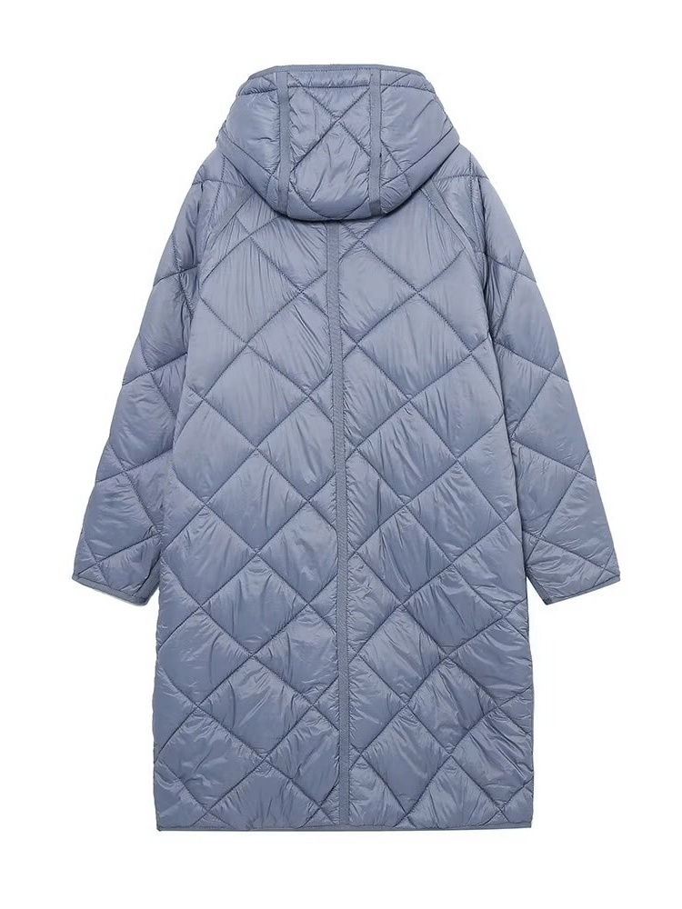 Stylish oversized long sleeve blue coat with hood, featuring button pockets, perfect for keeping warm and chic in winter - SF1580.