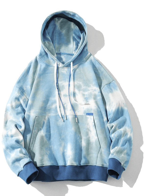 Blue tie-dye oversized cotton hoodie with print, featuring a hooded collar and relaxed fit for men.