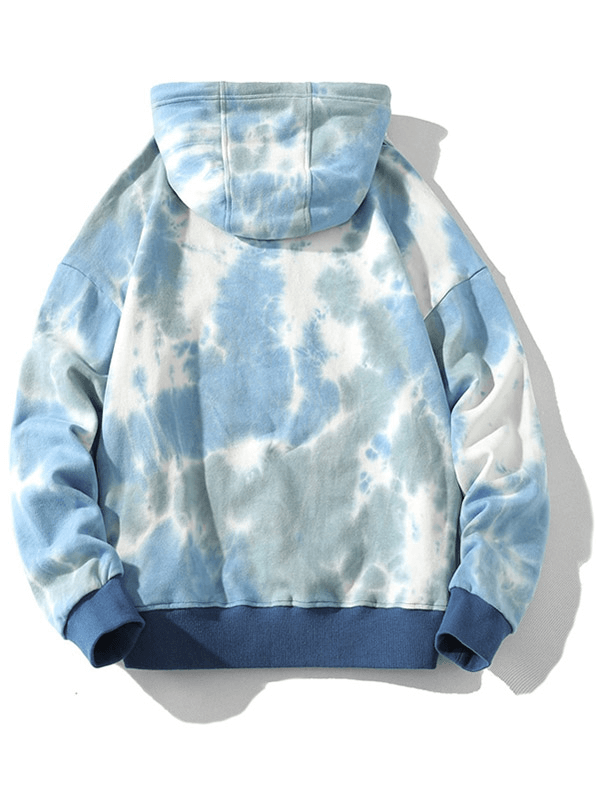 Oversized cotton hoodie with a blue tie-dye print, perfect for men seeking a loose fit and comfortable style