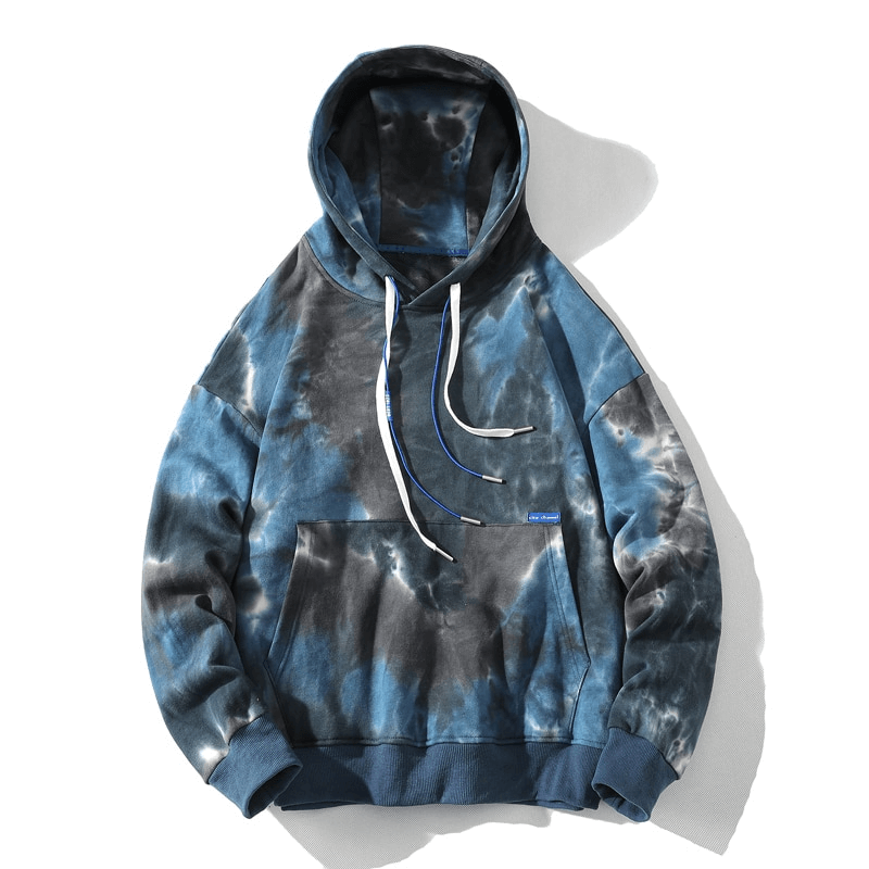 Blue tie-dye oversized cotton hoodie with print for men, featuring a relaxed fit and hooded collar. Ideal for casual, comfortable wear.