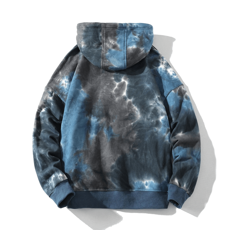 Back view of oversized cotton hoodie with blue and gray print, perfect for men's relaxed, comfortable style.