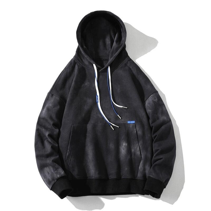 Oversized black cotton hoodie with print, perfect for men seeking a stylish and relaxed fit. Features a hooded collar and breathable fabric.