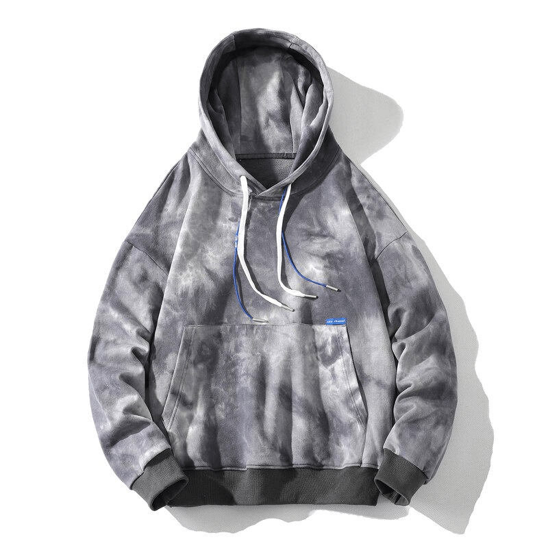 Gray oversized cotton hoodie with a unique print, featuring a hooded collar and front pocket for a relaxed, breathable fit for men.
