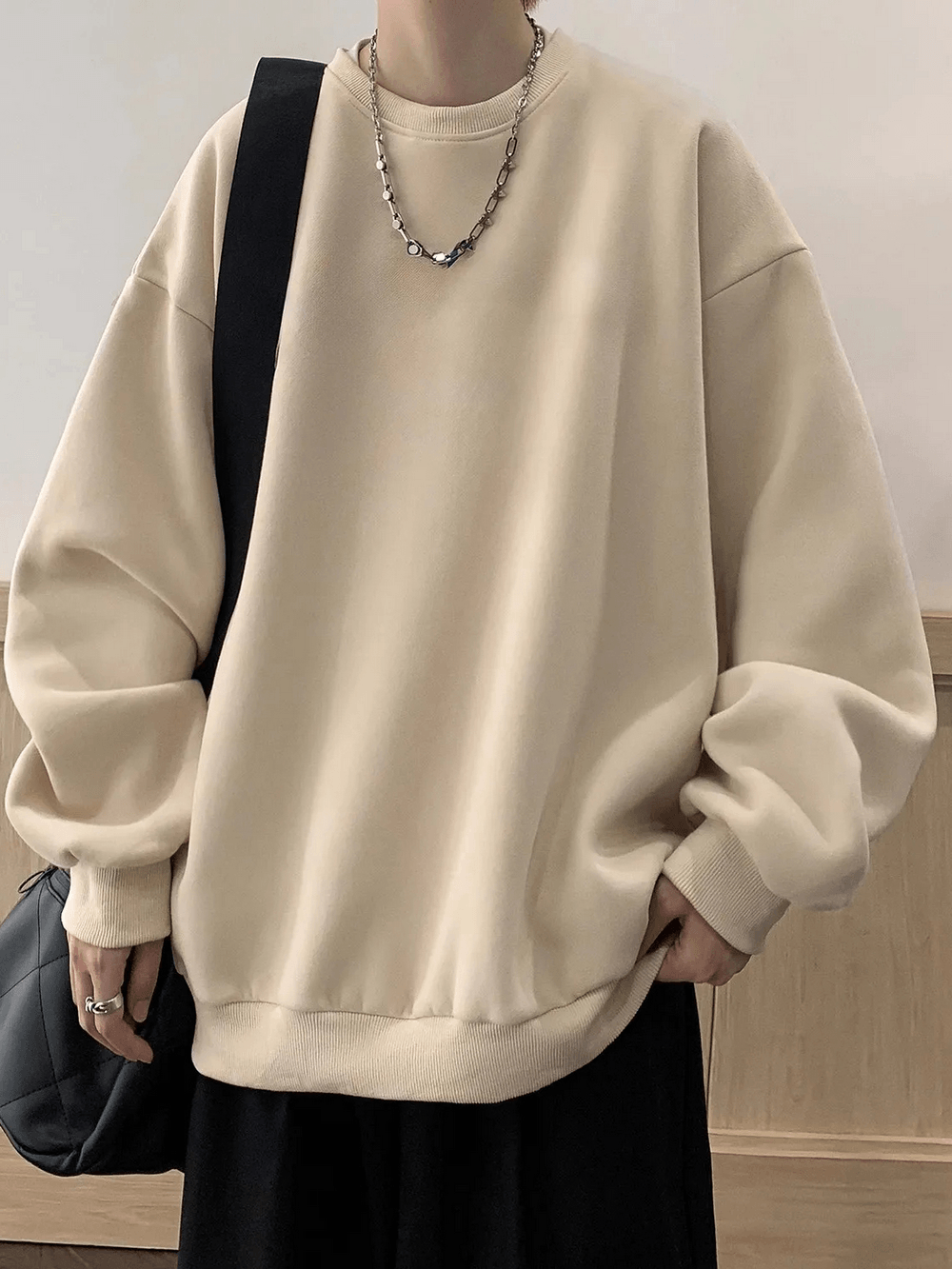 Oversized Crewneck Sweatshirt with Drop Shoulders - SF4646 in soft cream color, loose fit, relaxed style.