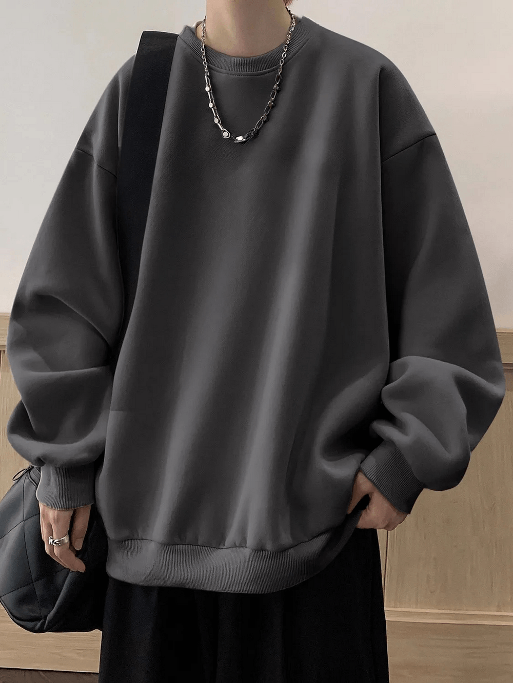 Oversized Crewneck Sweatshirt with Drop Shoulders - SF4646 in dark grey with drop shoulders and relaxed fit