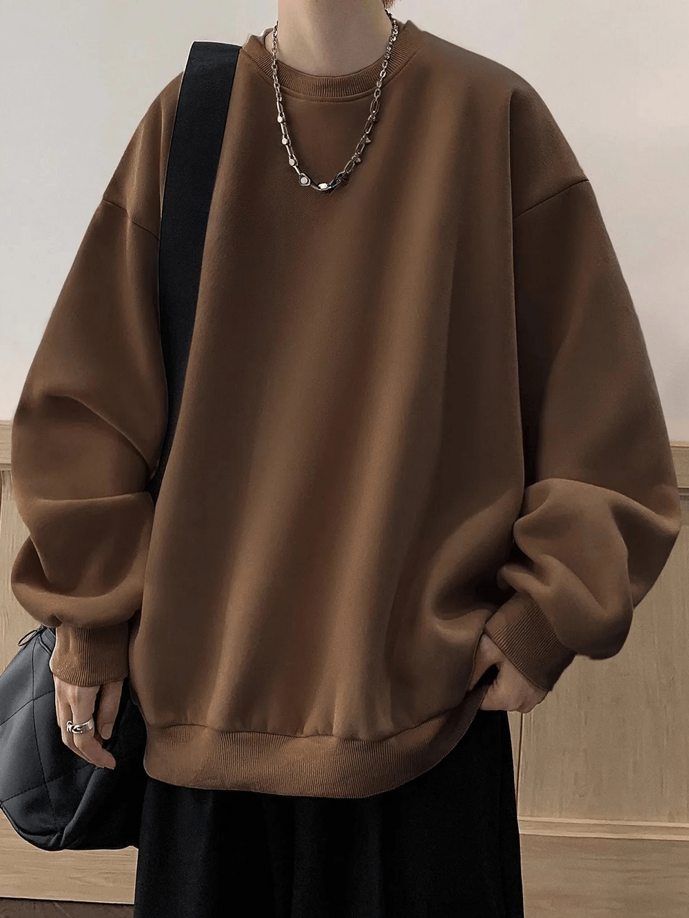 Oversized Crewneck Sweatshirt with Drop Shoulders - SF4646 in brown, featuring relaxed fit and drop shoulders for casual style.