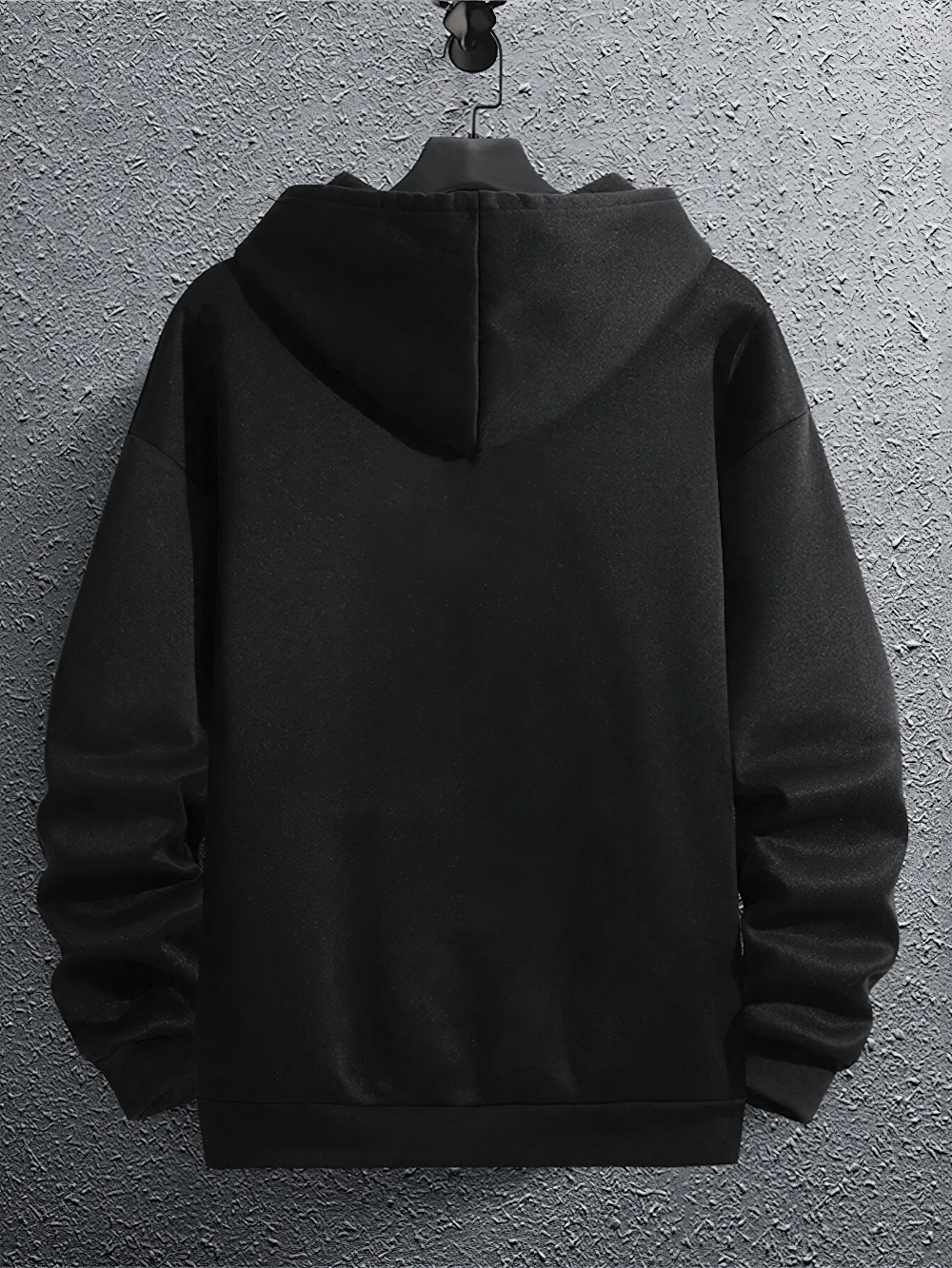 Oversized Paris Print Hoodie with Kangaroo Pocket - SF4701 in black hanging against a textured gray background.