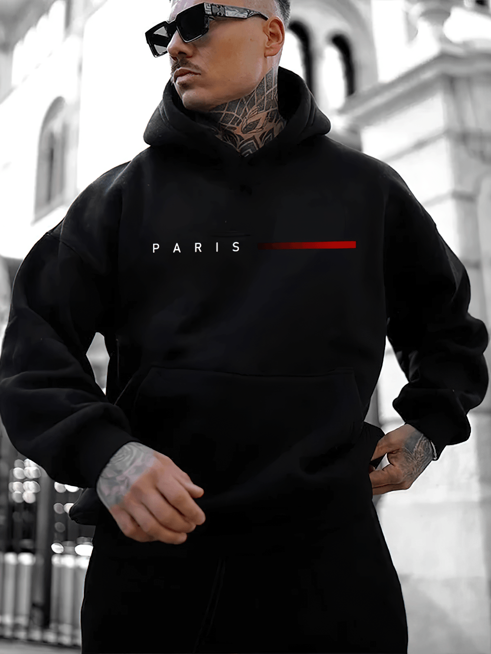Oversized Paris Print Hoodie with Kangaroo Pocket - SF4701 modeled by a man in stylish urban setting.