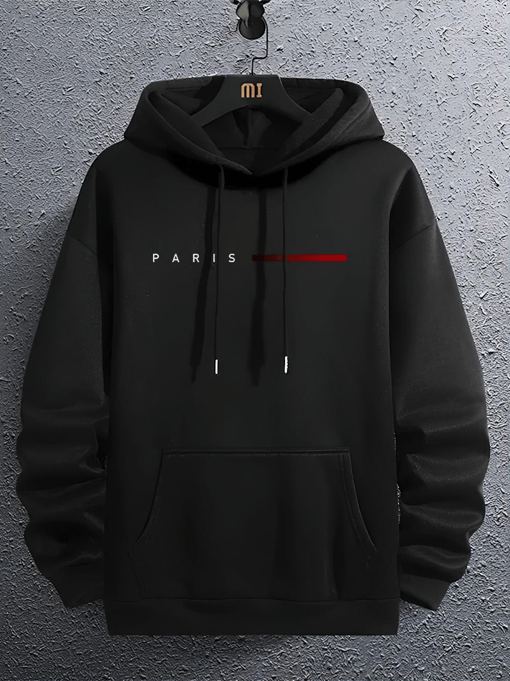 Oversized Paris Print Hoodie with Kangaroo Pocket - SF4701 hanging on a wall with a minimalist design.