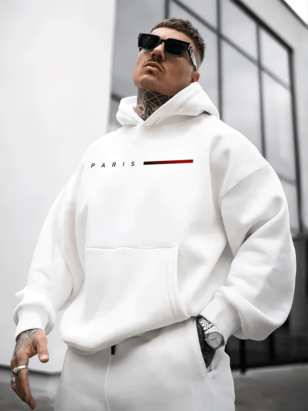 Oversized Paris Print Hoodie with Kangaroo Pocket - SF4701 worn by a stylish model, featuring minimalist streetwear design.