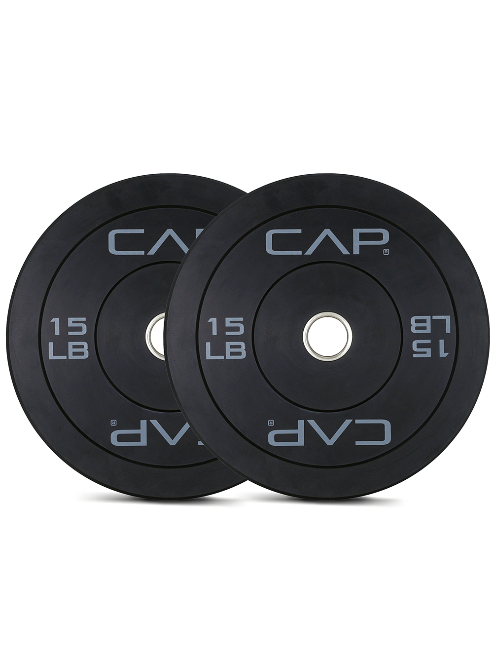 Pair of 15 LB rubber weightlifting discs with steel hub for strength training, ideal for Olympic lifting and impact absorption.