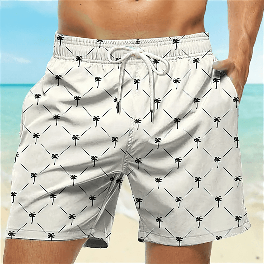 Alt Tag: Palm Pattern Quick Dry Beach Swim Shorts - SF4523 white palm print drawstring swim trunks beachwear