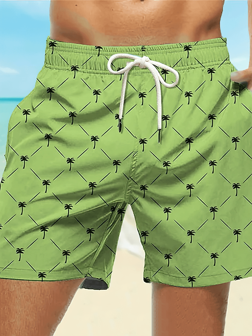 Alt Tag: Palm Pattern Quick Dry Beach Swim Shorts - SF4523 green palm print swim trunks with drawstring waistband, beach-ready style