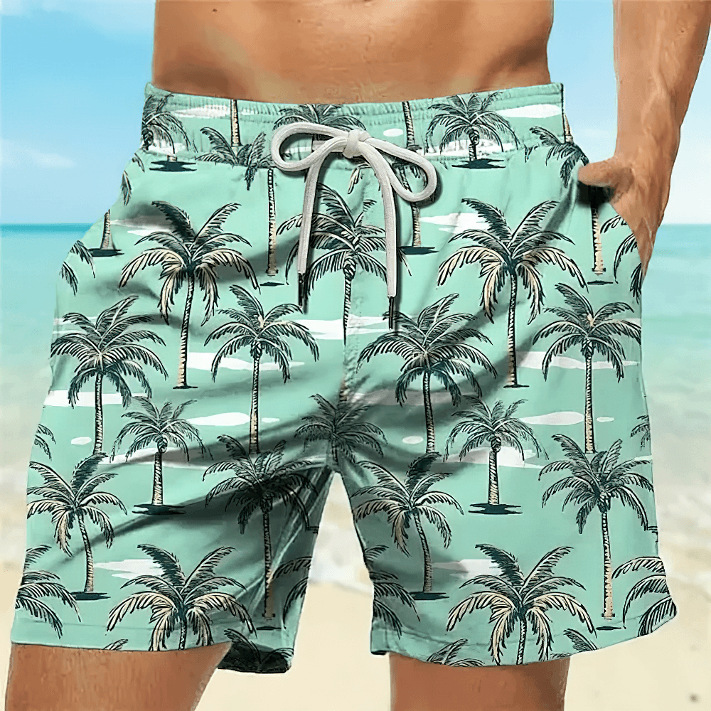 Alt Tag: Palm Tree Tropical Printed Board Shorts For Men - SF4531 mint swim shorts with palm print, elastic drawstring waist and pockets