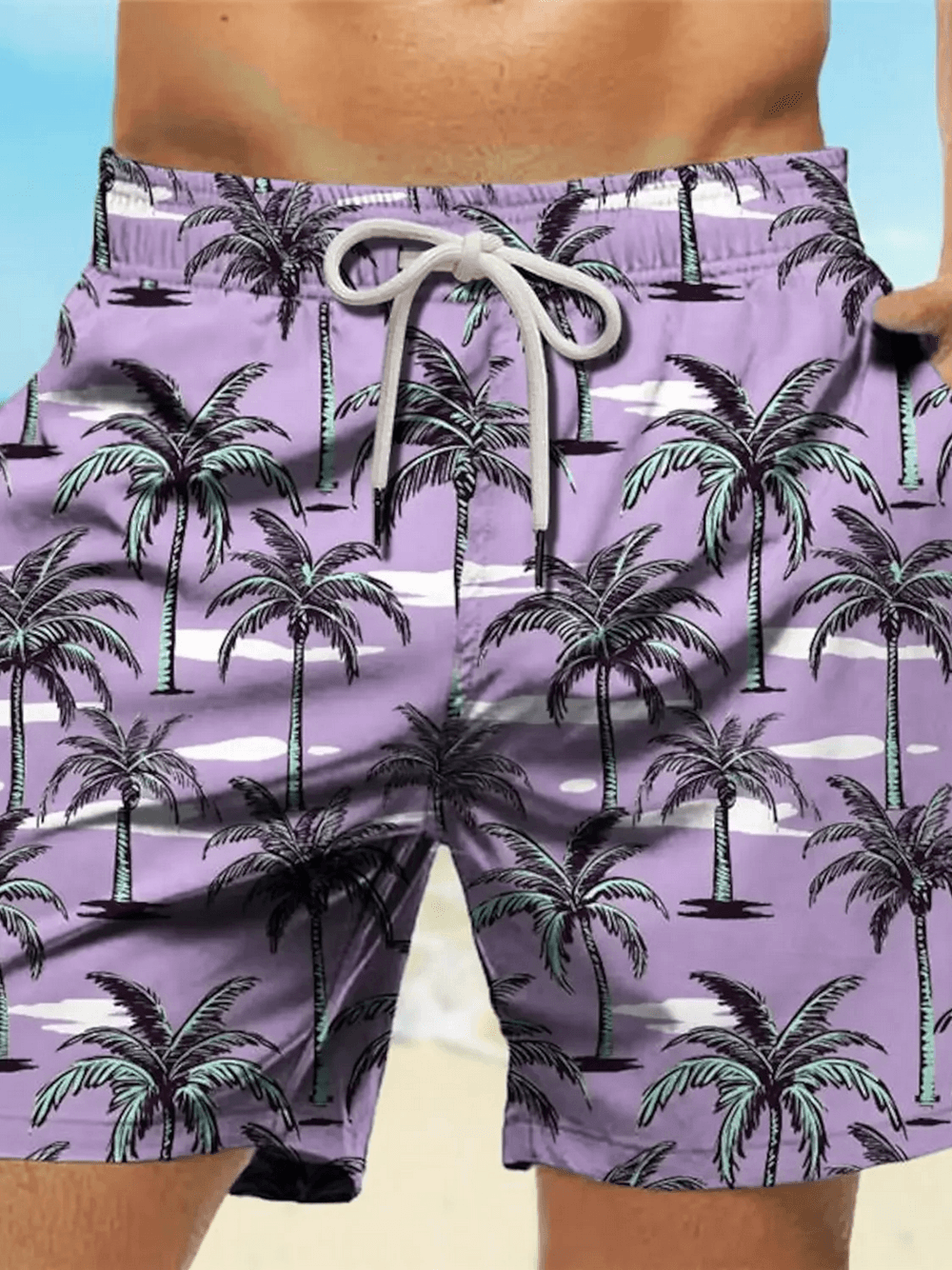 Alt Tag: Palm Tree Tropical Printed Board Shorts For Men - SF4531 purple palm print swim shorts with drawstring waist and side pockets