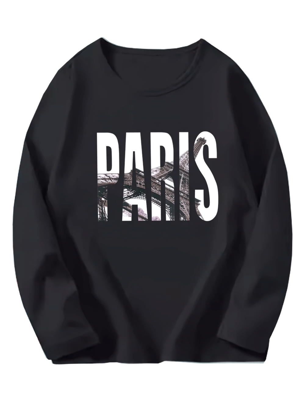Paris Eiffel Tower print long-sleeved kids’ top in black, stylish and soft cotton for casual wear.