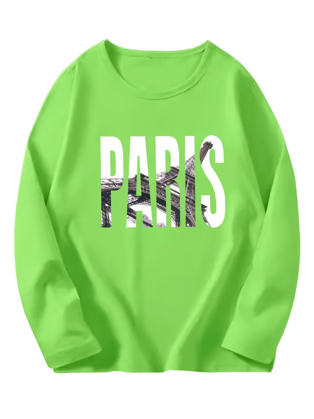 Paris Eiffel Tower Print Long Sleeved Cotton Top for Kids in green, featuring trendy Paris graphic, perfect for casual wear.