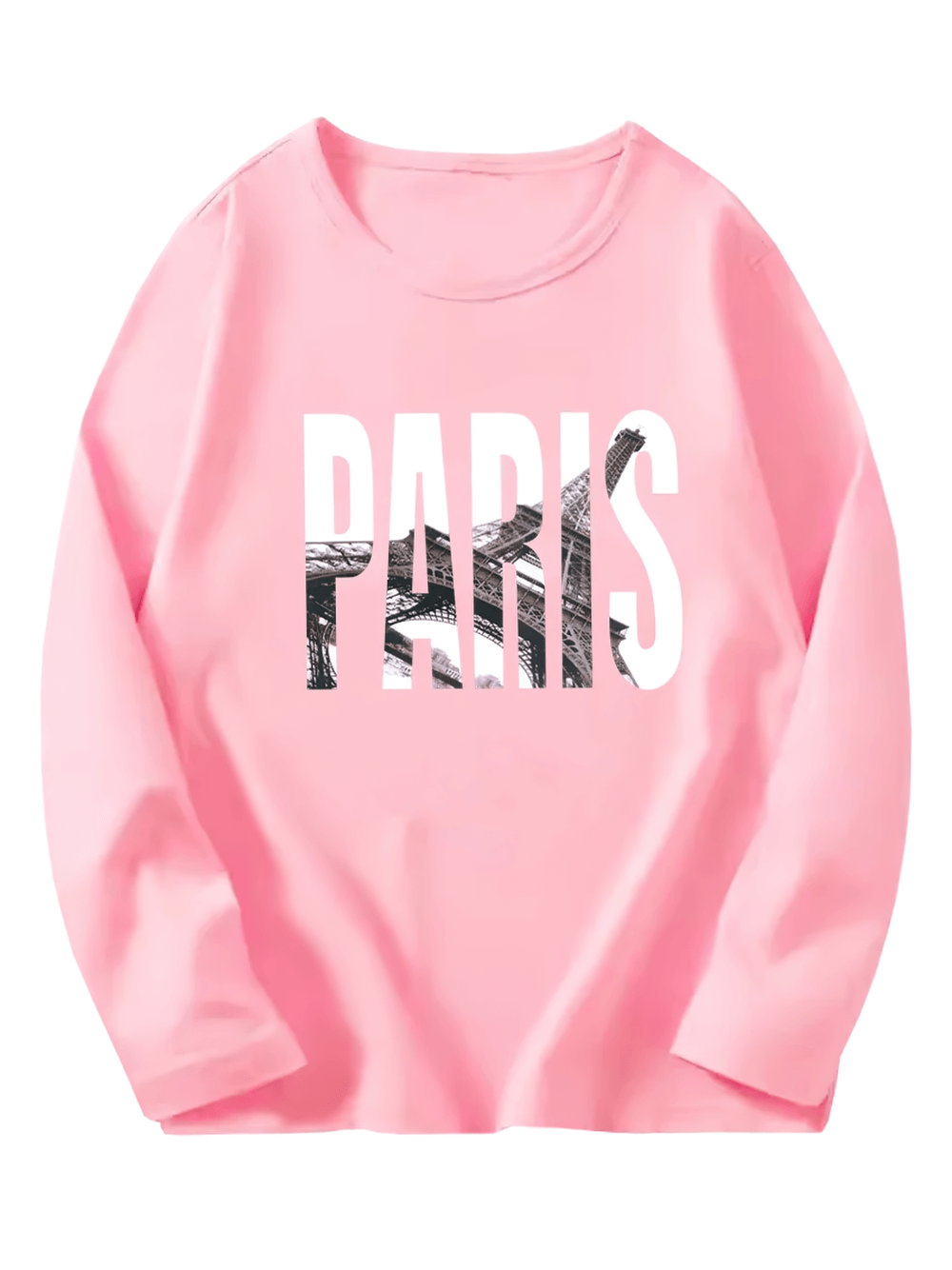 Pink long sleeve kids' top with 'Paris' Eiffel Tower graphic, made of soft cotton, perfect for casual seasonal wear. Model SF3111.