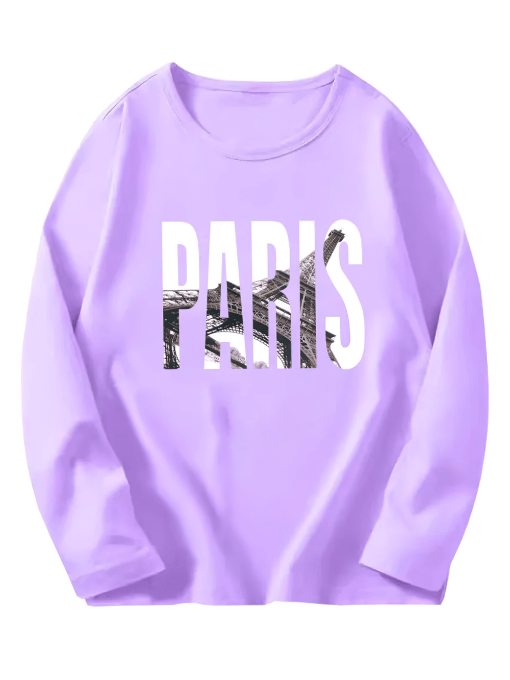 Kids' long-sleeve Paris Eiffel Tower print top in pastel purple.