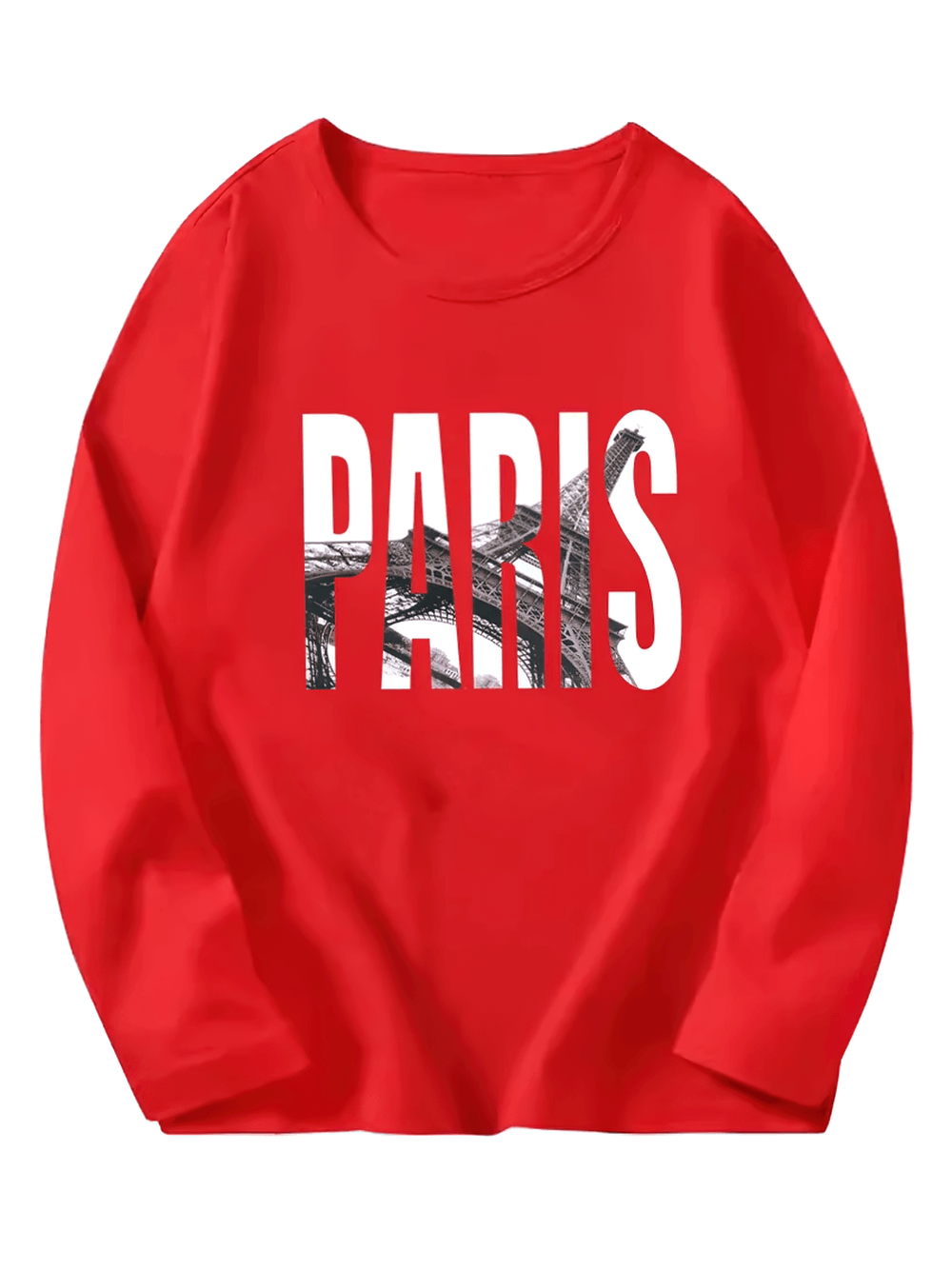 Paris Eiffel Tower long sleeved red top for kids - stylish cotton fashion with trendy graphic print.