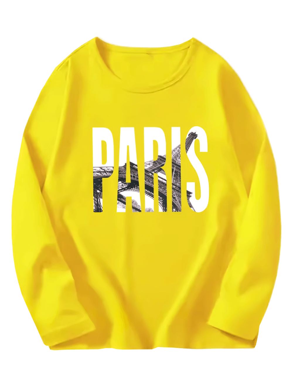 Yellow kids' long sleeved top with Paris Eiffel Tower print in bold letters. Fashionable and soft cotton casual wear.