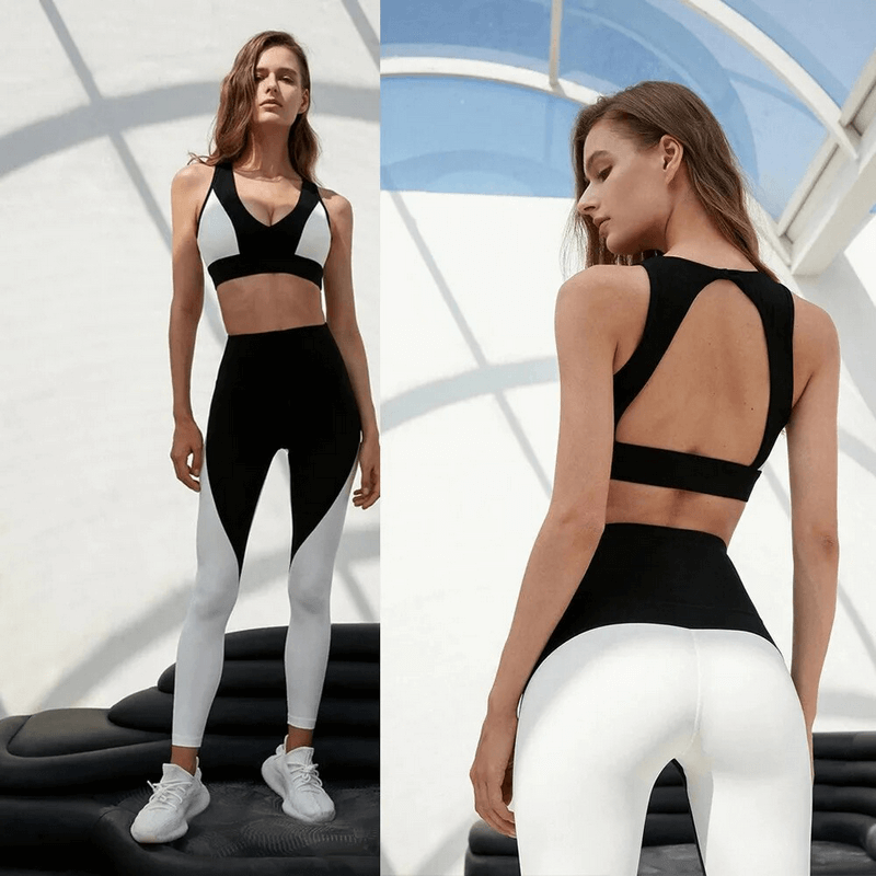 Alt Tag: Woman wearing a stylish patchwork color high stretchy soft fitness set, perfect for yoga, showcasing comfort in a chic gym setting.