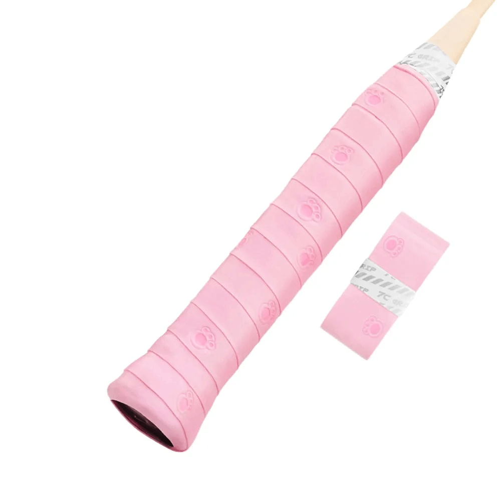 Pink Paw Print Sports Overgrip Tape for Racket Handles - SF3460 on a racket, featuring soft, non-slip grip and easy-to-apply adhesive.