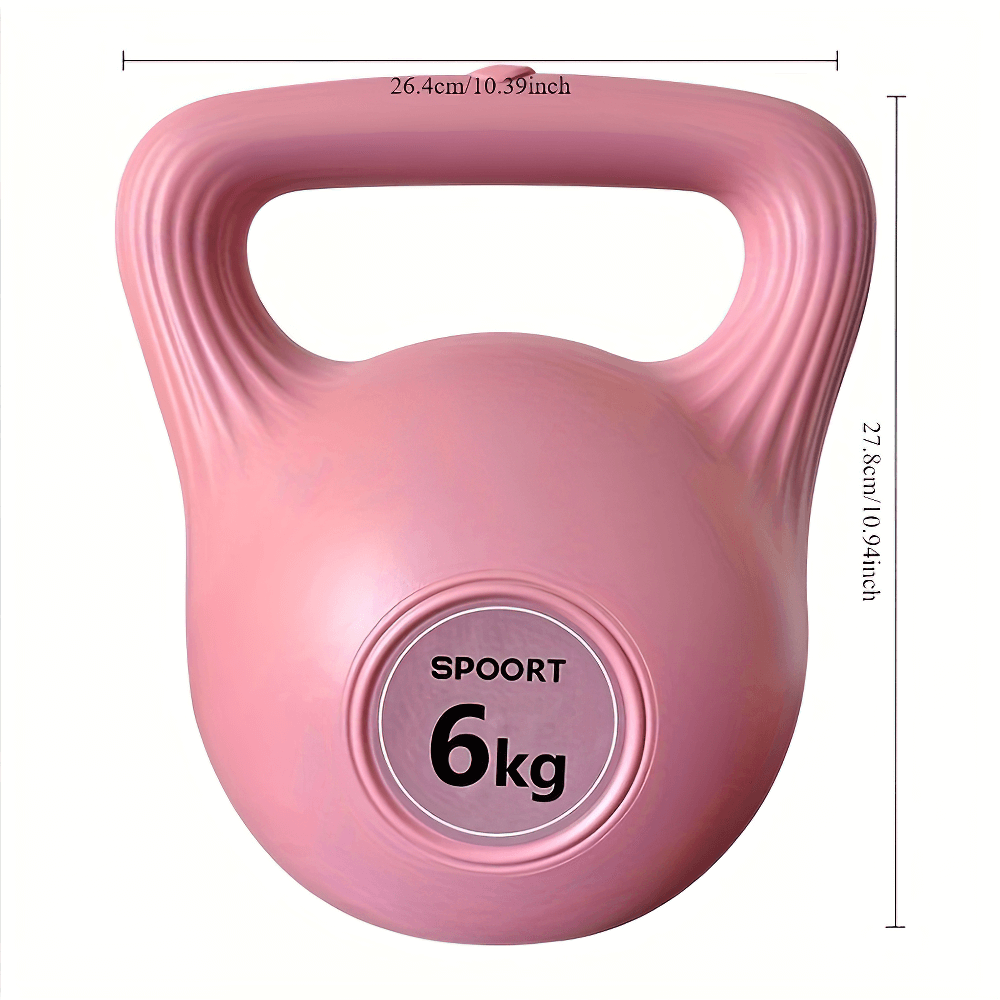 Pink 6kg kettlebell with ergonomic handle, perfect for versatile home and gym workouts, including squats, lunges, and swings.