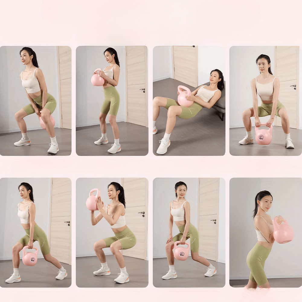 Woman demonstrating workouts with a pink water-filled kettlebell, showcasing exercises like squats, lunges, and swings for strength training.