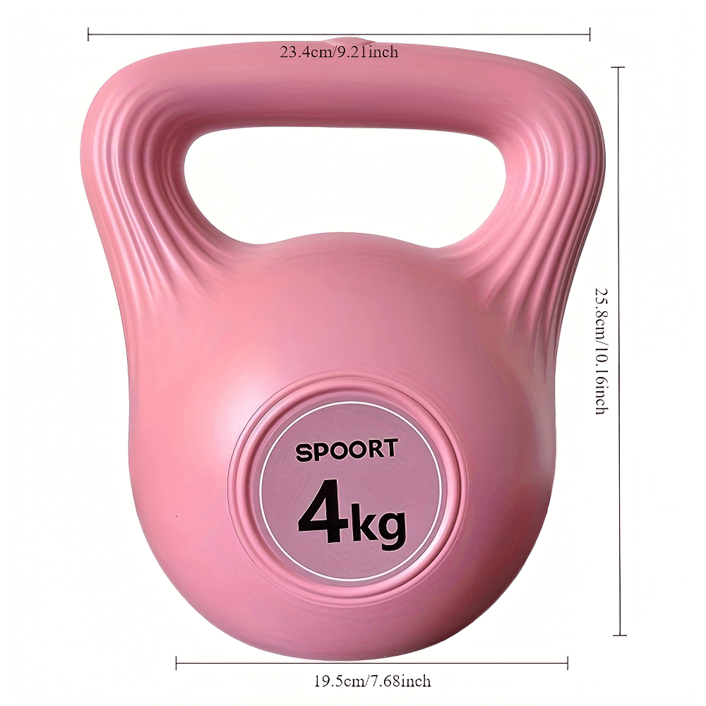 Pink 4kg fitness kettlebell with ergonomic handle, ideal for strength training and versatile workouts at home or gym.