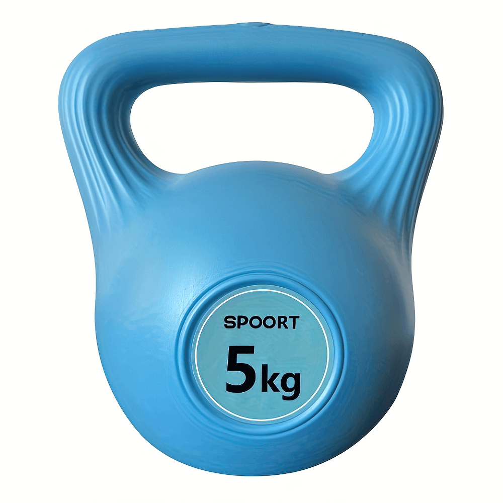 Blue 5kg PE water-filled kettlebell for strength training and home workouts, ergonomic handle, adjustable weight design.