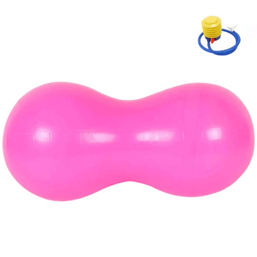 Pink peanut-shaped exercise ball with pump for yoga and core workouts, featuring anti-burst and non-slip design for stability.