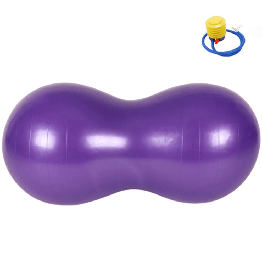 Purple peanut-shaped exercise ball with pump for yoga and core strength training, featuring anti-burst and non-slip technology.