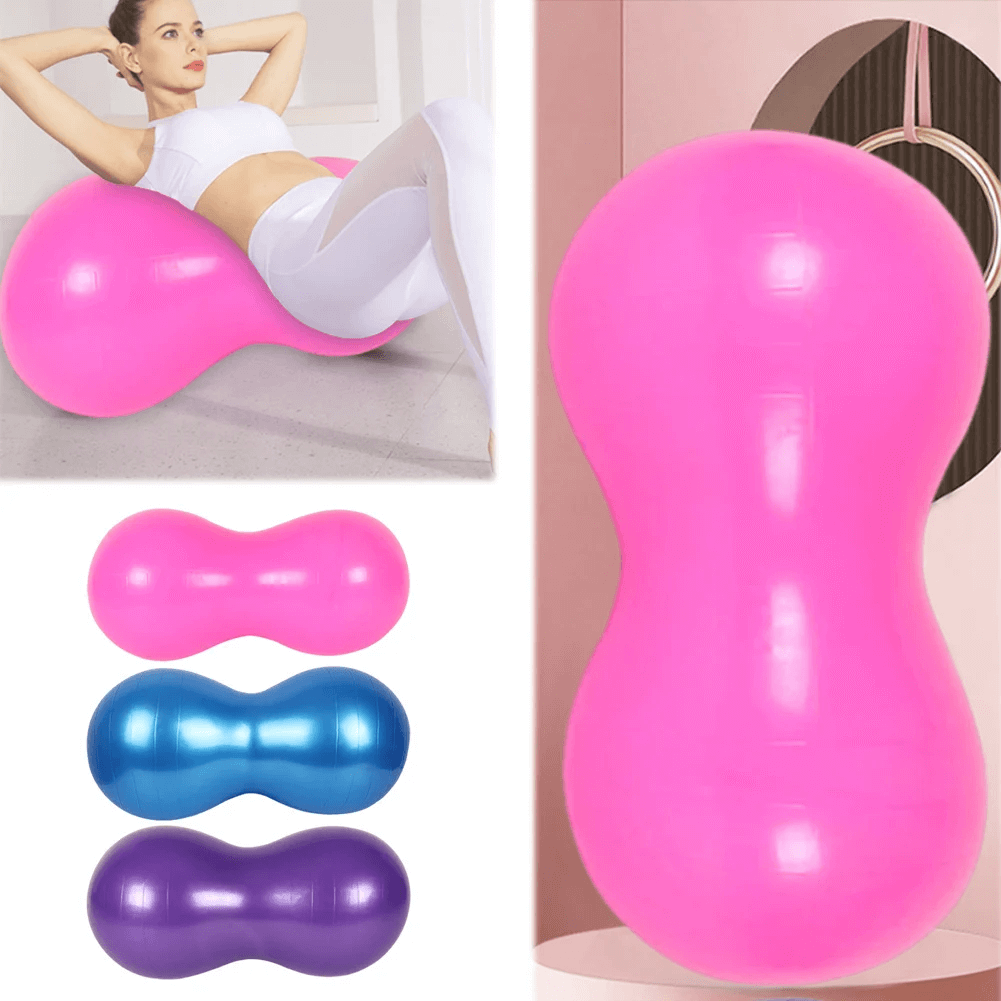 Peanut-shaped anti-burst exercise ball for yoga and core training, available in pink, blue, and purple.
