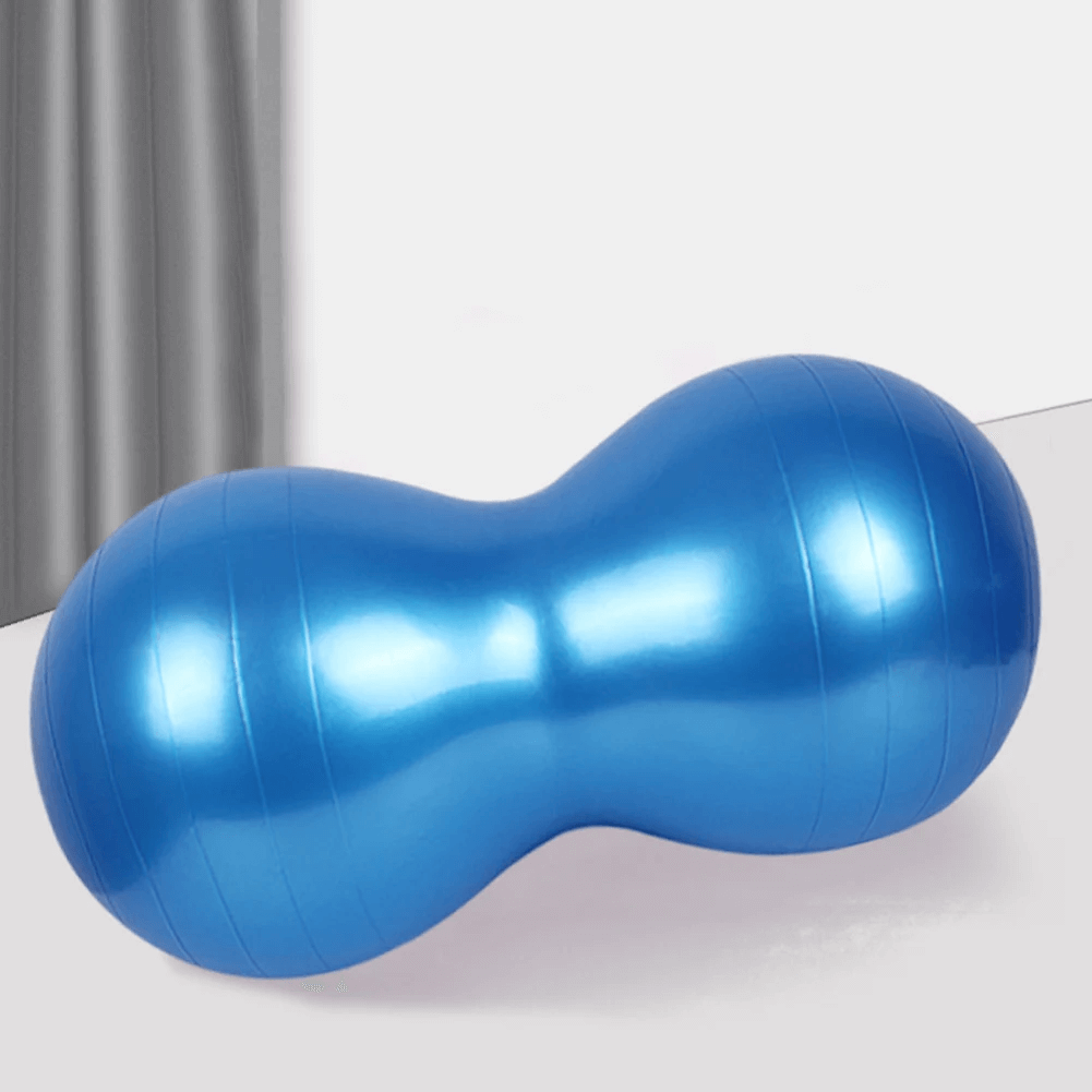 Blue peanut-shaped exercise ball for yoga and core training with non-slip surface, ideal for balance and Pilates workouts.