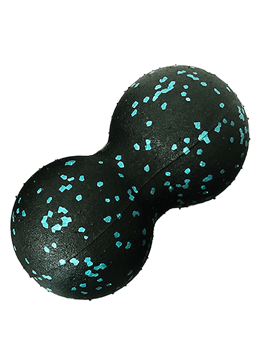 Peanut-shaped black and blue speckled myofascial massage ball for muscle relief and deep tissue therapy.