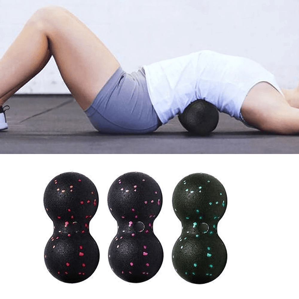 Person using peanut myofascial massage ball for muscle relief with product display below; perfect for deep tissue therapy and recovery.