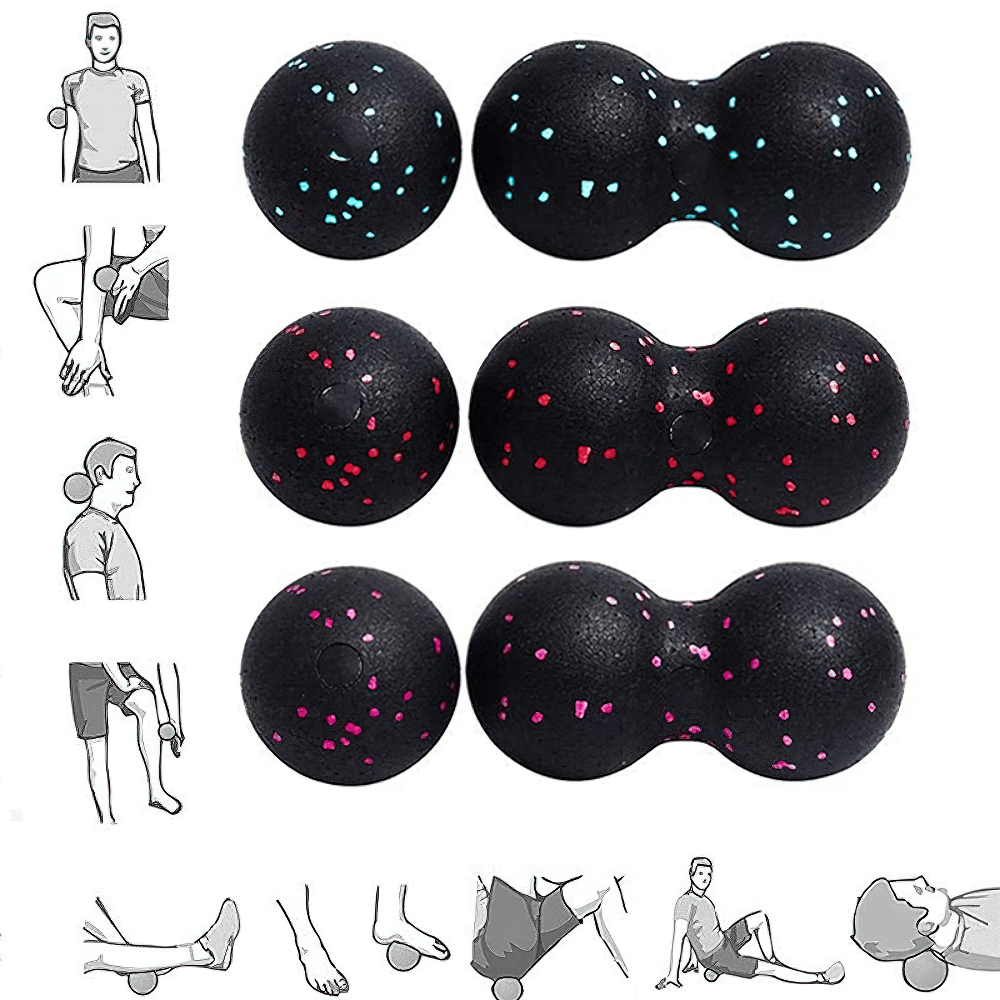 Peanut massage balls for deep tissue therapy and muscle relief with illustrated use cases, ideal for back, neck, and leg pain.