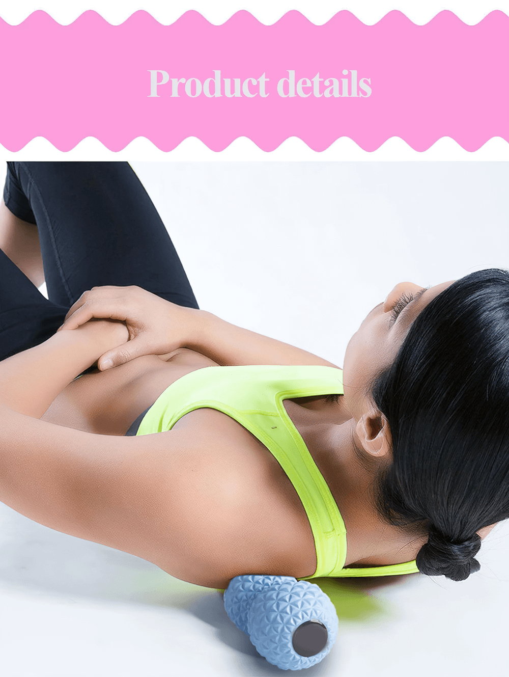 Woman using a blue peanut-shaped massage ball for muscle relief on her back, showcasing effective tension relief and flexibility enhancement.