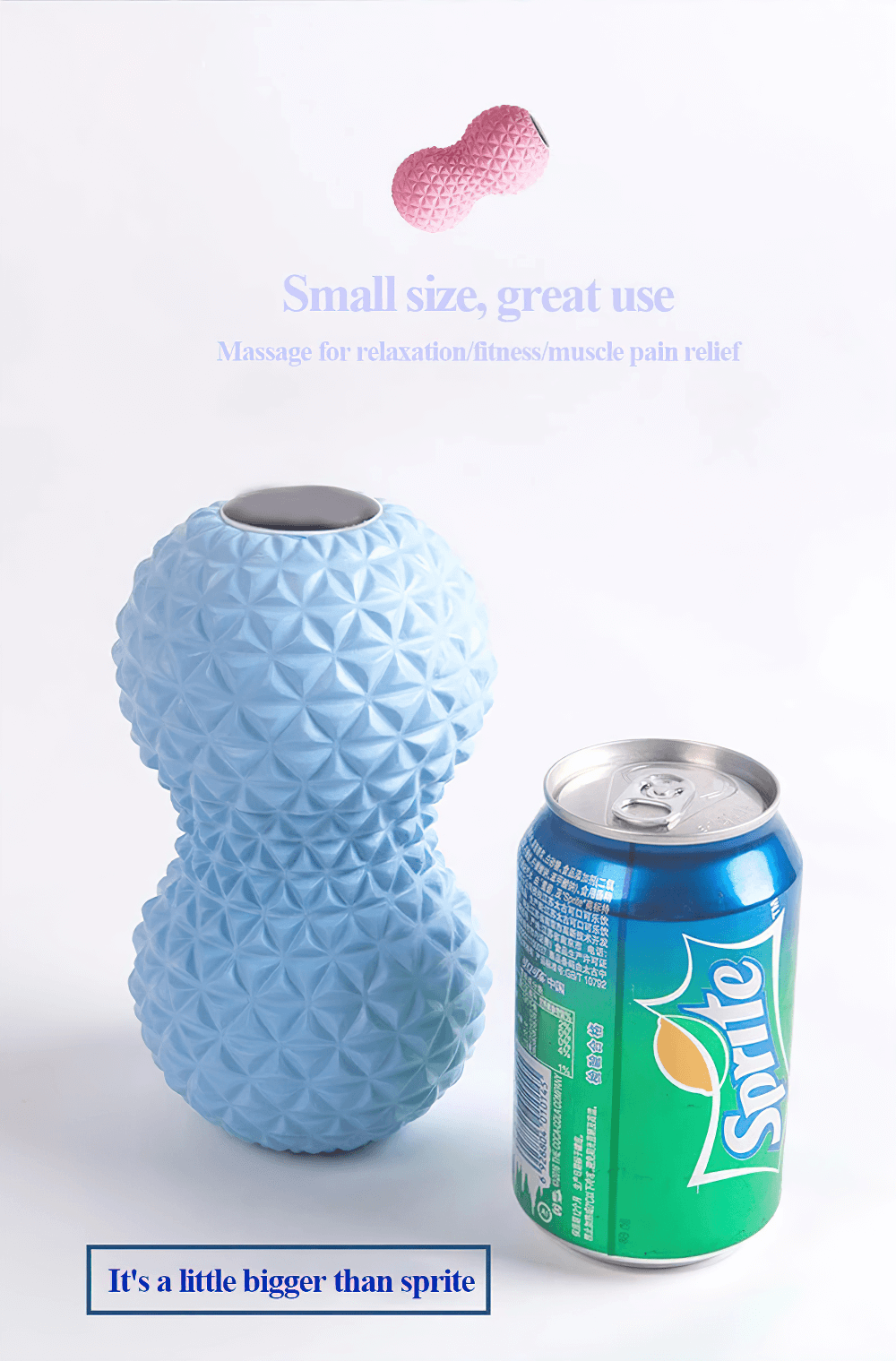 Blue peanut-shaped massage ball with spiky texture, compared to a Sprite can for size reference. Ideal for muscle tension relief.