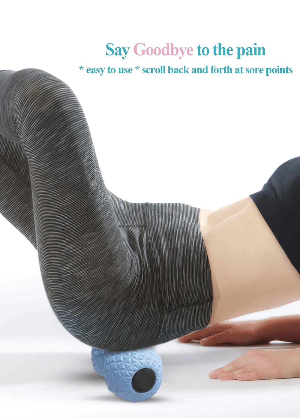 Elastic peanut-shaped massage ball for muscle tension relief, shown in use under a person's lower back for targeted pain relief.