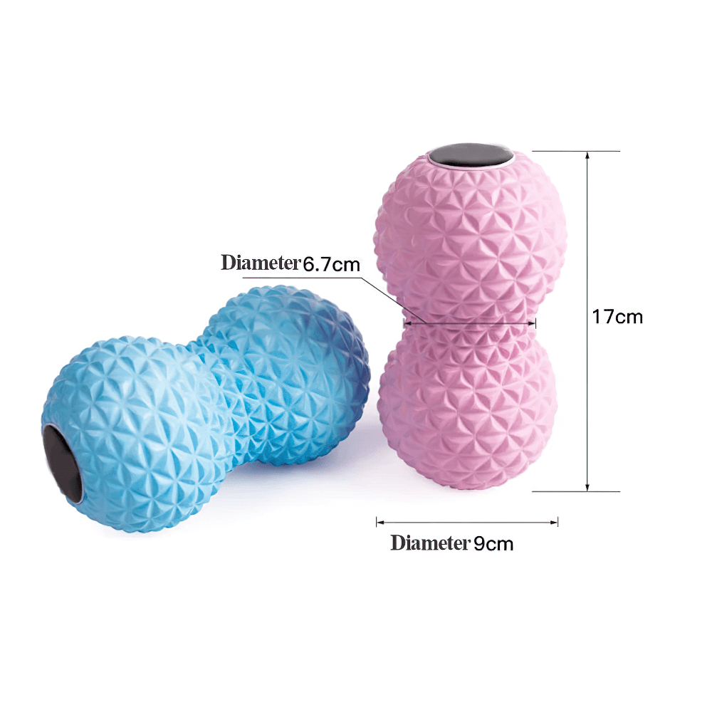 Colorful spiky peanut-shaped massage balls in pink and blue, designed for muscle tension relief and flexibility enhancement. Dimensions included.