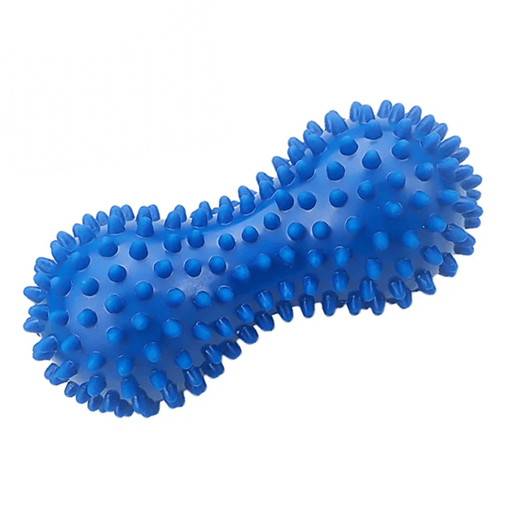 Blue peanut-shaped spiky massage ball for muscle relief and circulation with 360° hedgehog bumps.