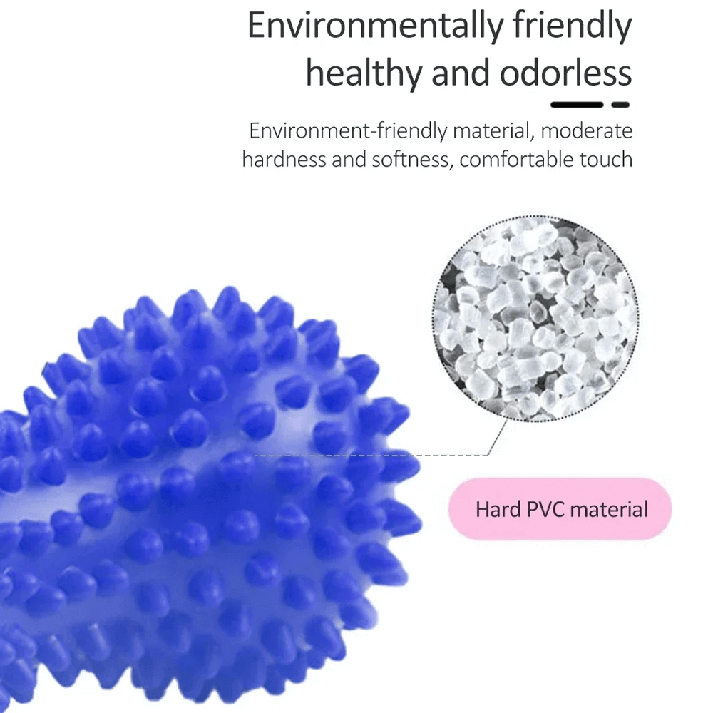 Blue spiky massage ball made of environmentally friendly hard PVC material, offering comfort and moderate firmness.