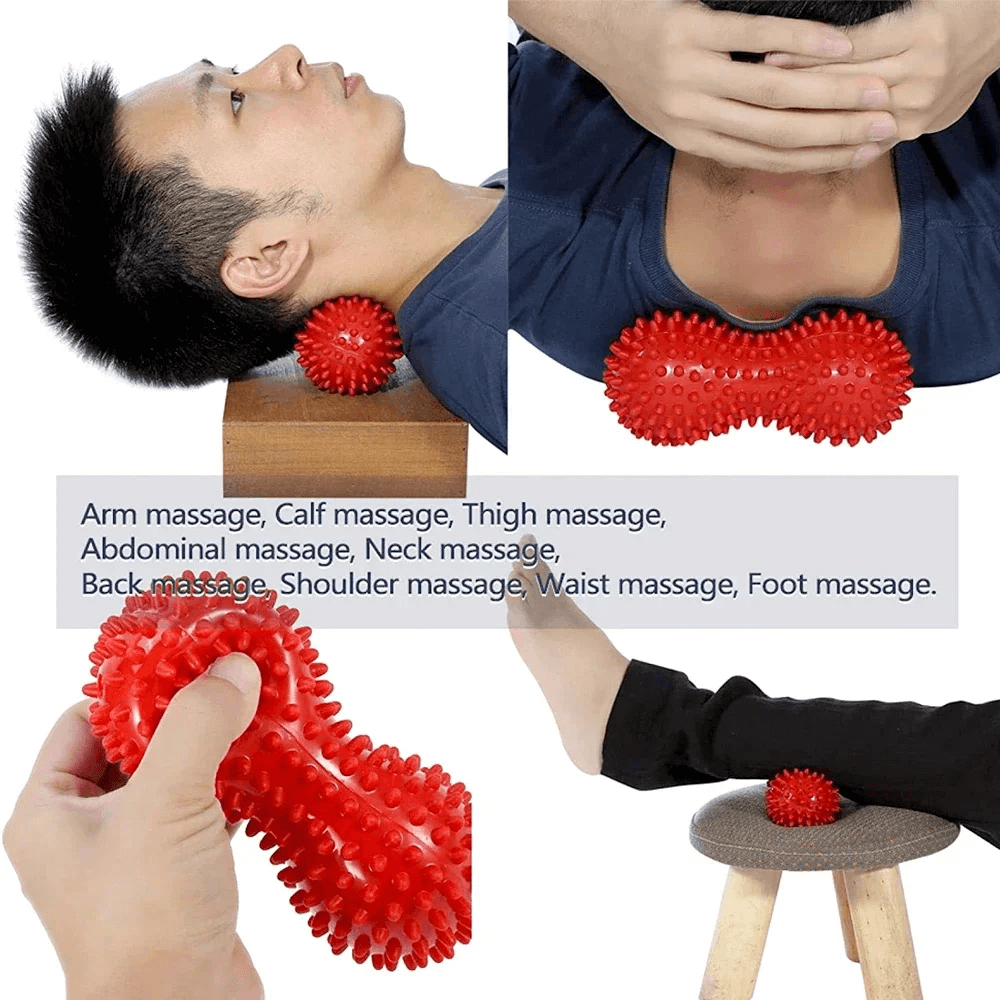 Person using peanut-shaped spiky massage ball for muscle relief on neck and back. Ideal for massage therapy and tension relief.