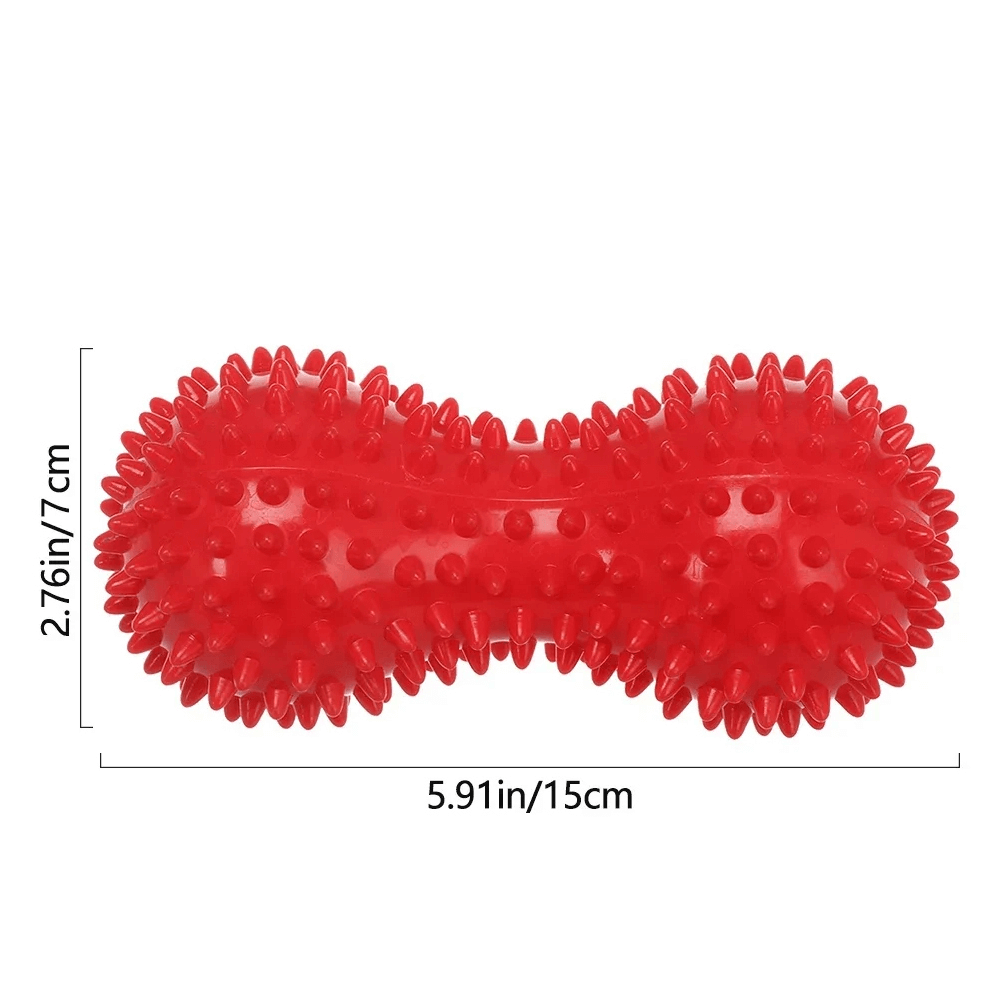 Red peanut-shaped spiky massage ball for muscle relief, 360° hedgehog design, dimensions 5.91in/15cm by 2.76in/7cm.