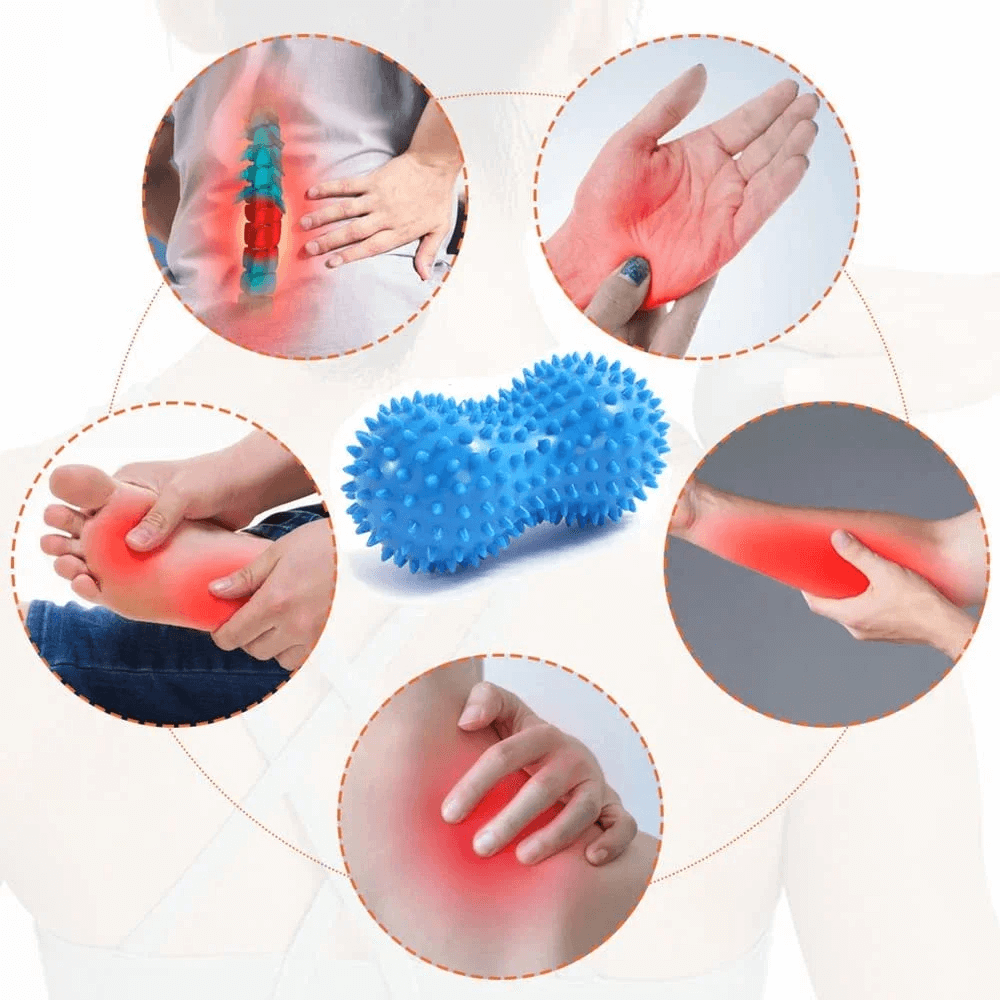 Peanut-shaped spiky massage ball for muscle relief showing hand, foot, back, and arm use with 360° hedgehog bump design.